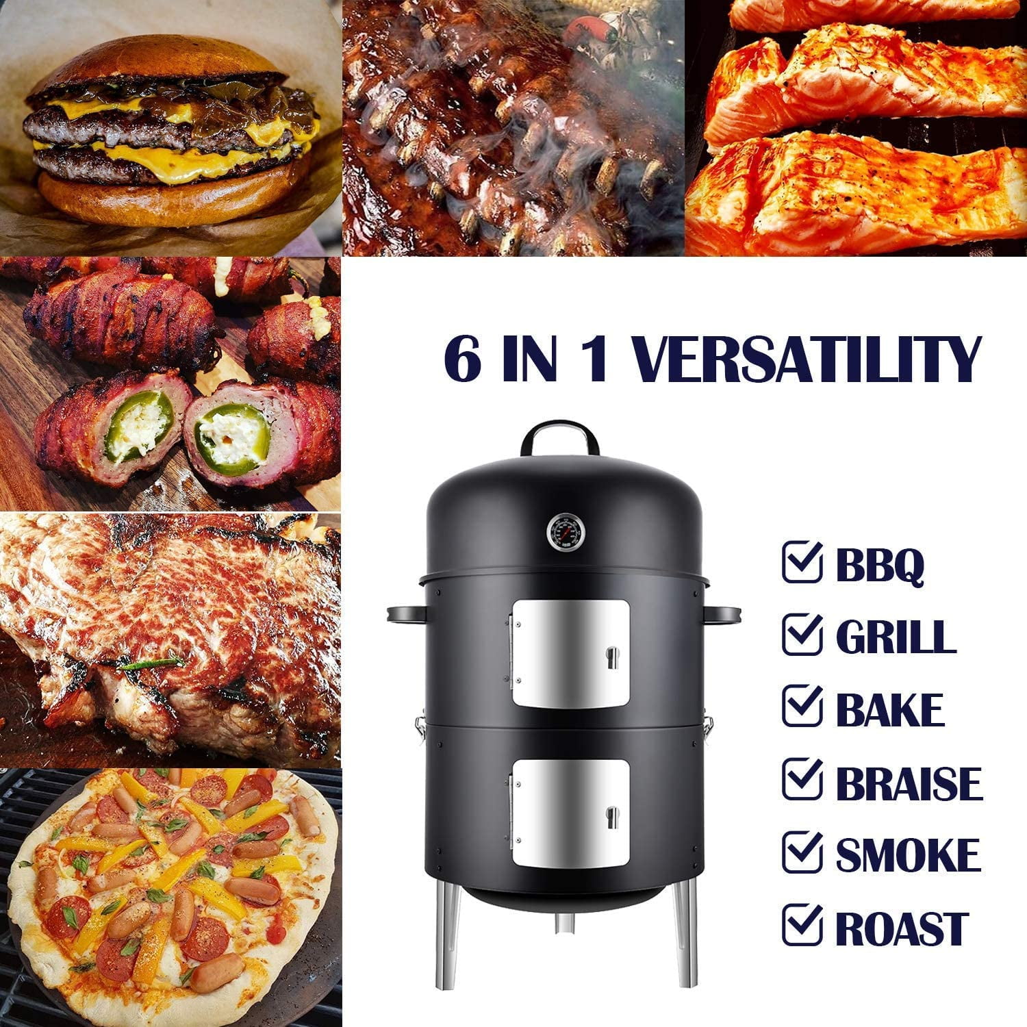 3-in-1 Charcoal BBQ Smoker, Outdoor Grill Cooker with Built-in Thermometer and 6 Ways for Outdoor Backyard Cooking Grilling Camping