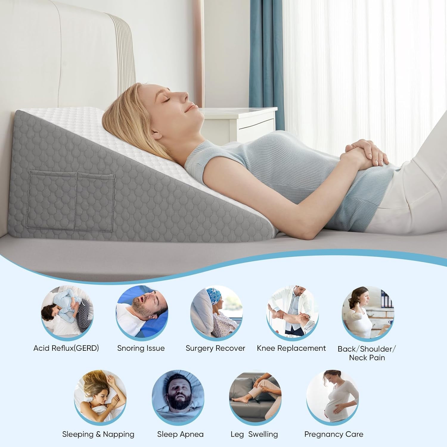 1 pcs Wedge Pillow for Sleeping  Bed Wedge Pillow for After Surgery Triangle Pillow Wedge for Acid RefluxGerd Snoring Post Surgery Leg Back Pain Relief - Soft Memory Foam Top & Washable Cover