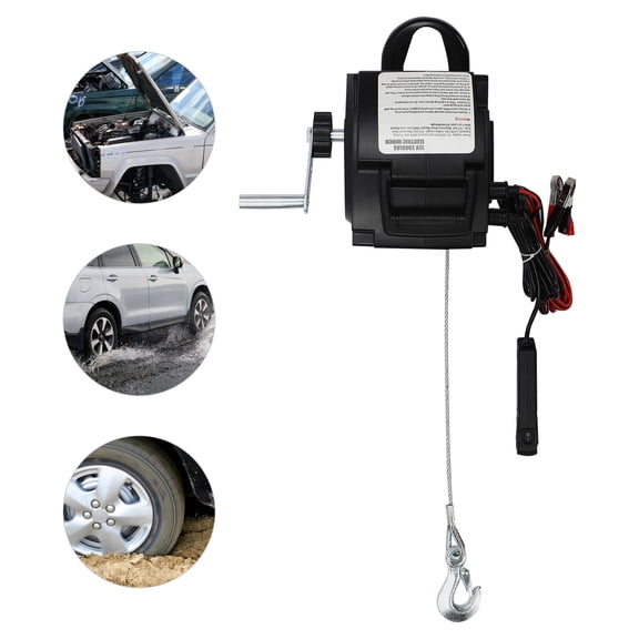 8*8.58*6.69inch Black Portable Electric Winch 12V 2000 LBS 300W Remote Towing Hitch Truck Trailer Boat