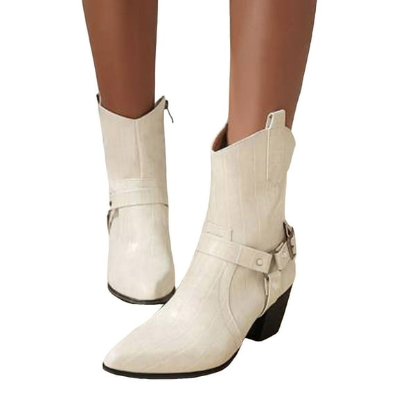 Womens Riding Boots Retro Waterproof Leather Buckle Strappy Chunky Heel Pointed Toe Mid Calf Booties Zip up Fall Winter Boots