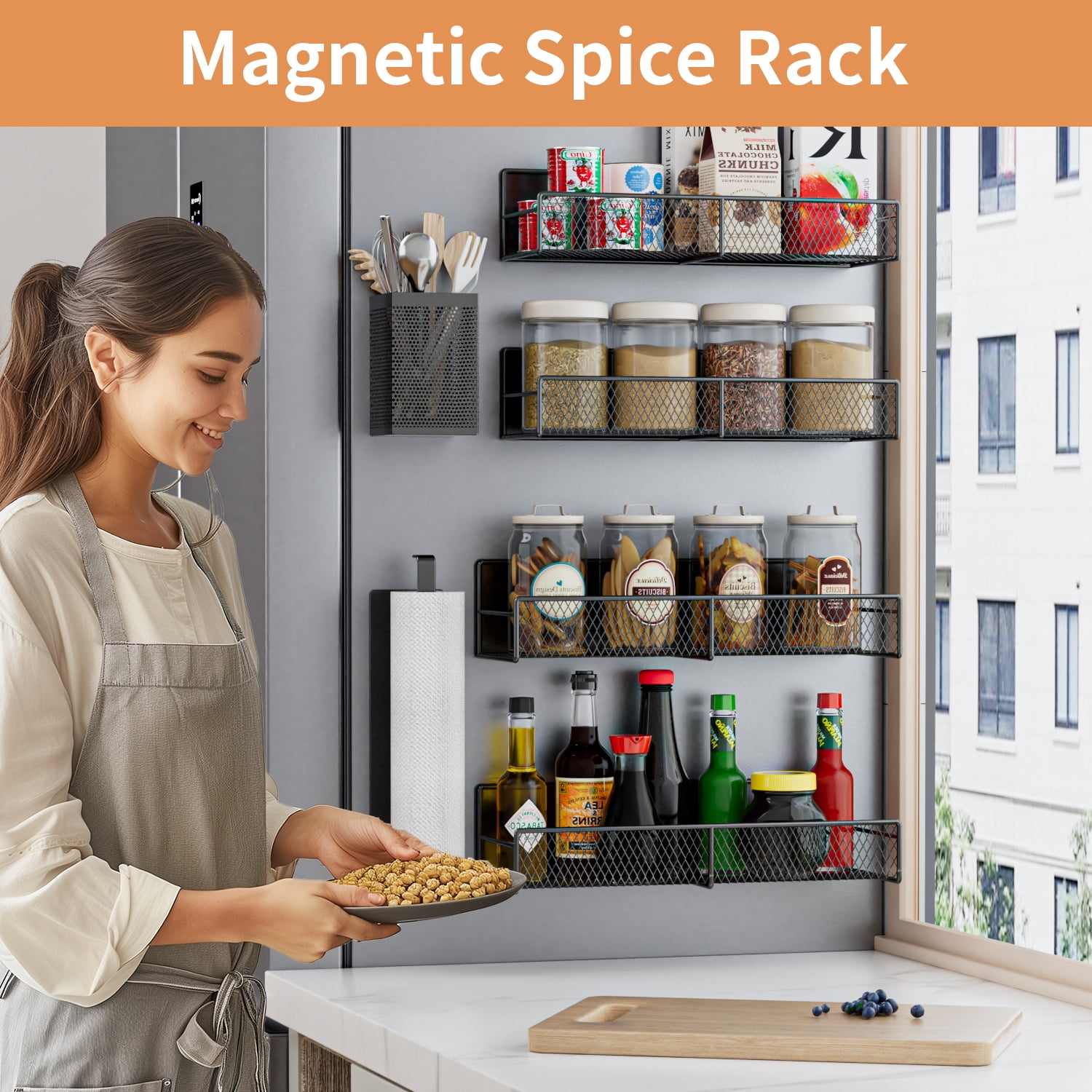 TINANA Magnetic Spice Rack, Refrigerator Organizer, 6 Pack Metal Black Magnetic Shelf with Paper Towel Holder, Utensils Holder, Strong Magnets, Space Saving