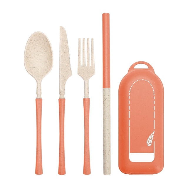 Btomtd Wheats Straw Tableware Set Student Outdoor Portable Knife Fork Spoon Straw Tableware Camping Portable Tableware, Orange