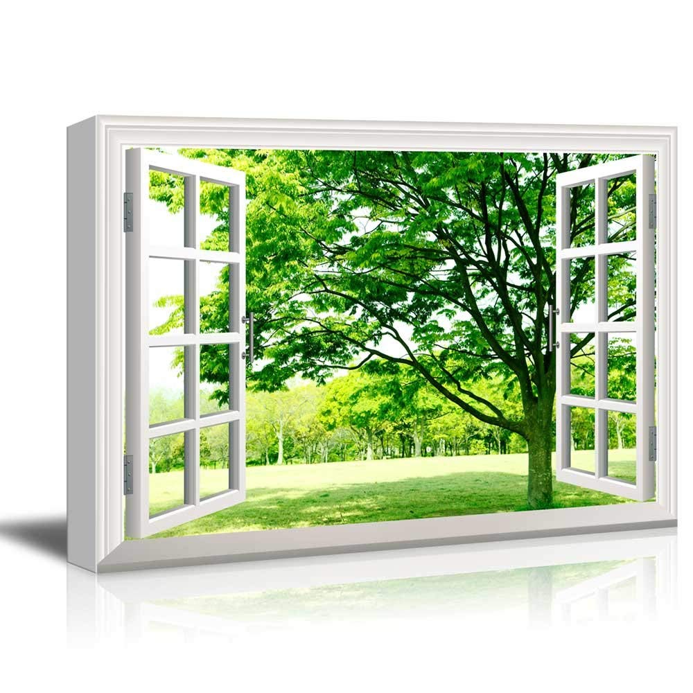 Wall26 Canvas Wall Art Window Facing a Forest with Green Trees