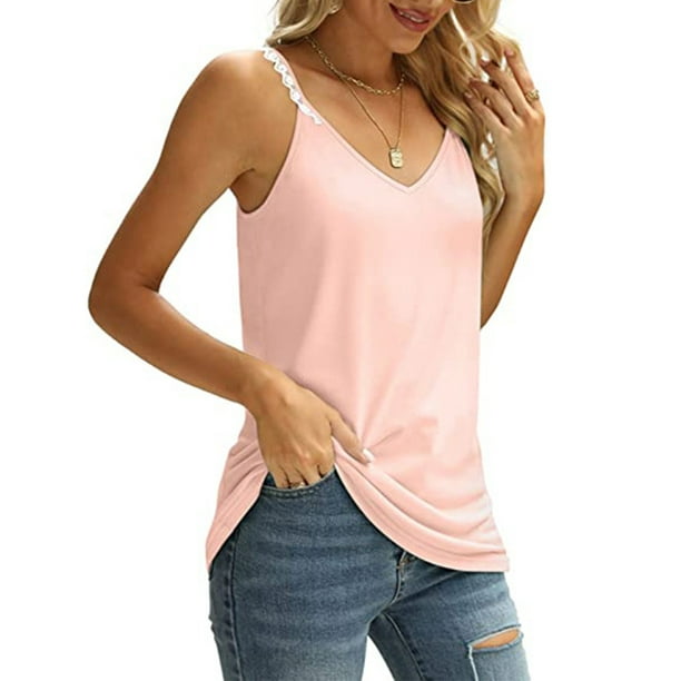 Lace Spaghetti Strap Tank Top, Loose Cutting V Collar Pure Color Skin  Friendly Comfortable Wear Women Summer Tank Top For Work Light Pink M