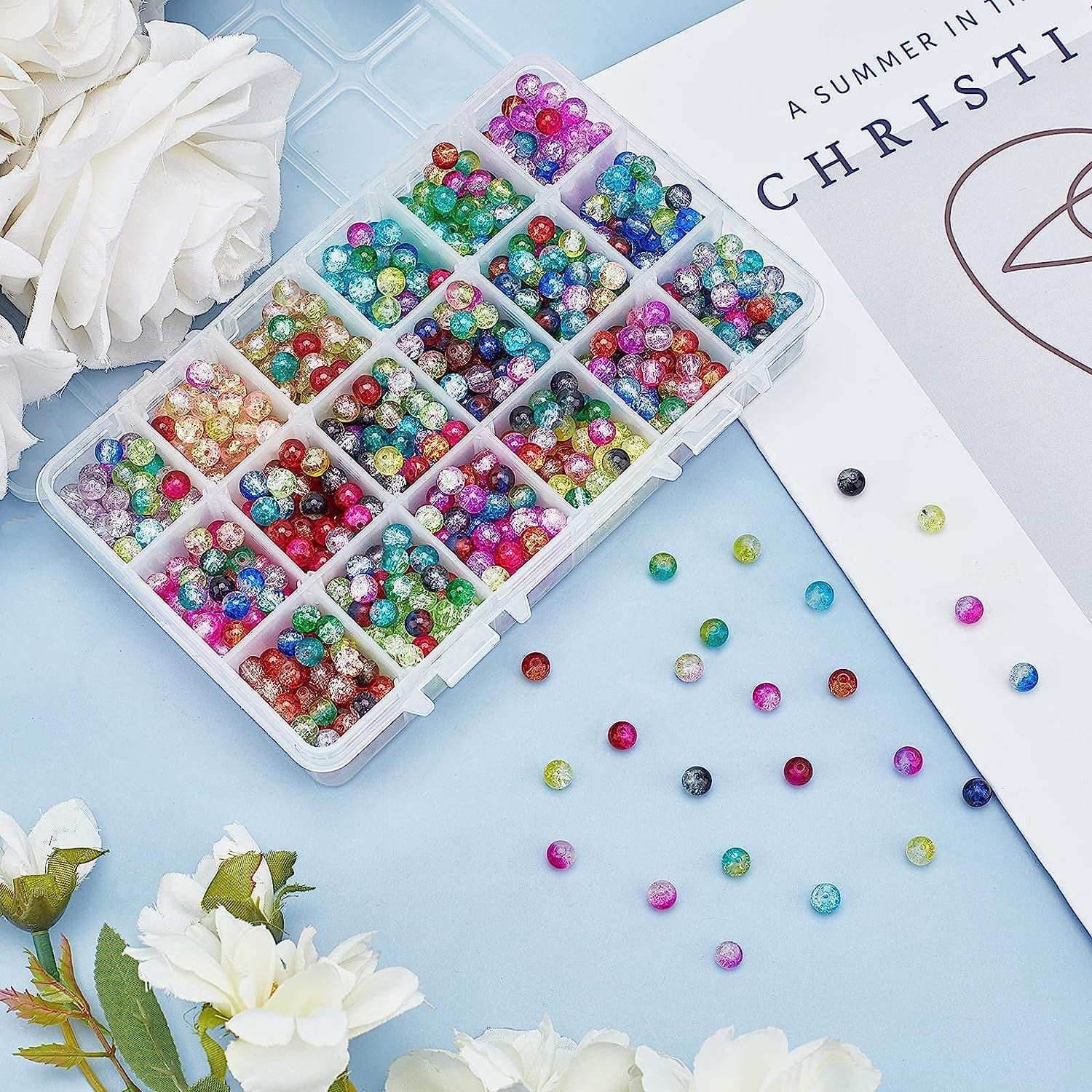 PH Glass Beads 6mm 1350pcs 18 Colors Waist Beads for Jewelry Making with Scissors Elastic Thread Beading Needles for Christmas Tree Decoration Colorful