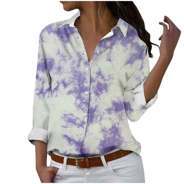 Camisetas de Mujer Casual, Manga Larga Impresa Solapa Botón Arriba Blusa, Ajuste Regular Poliéster Superior