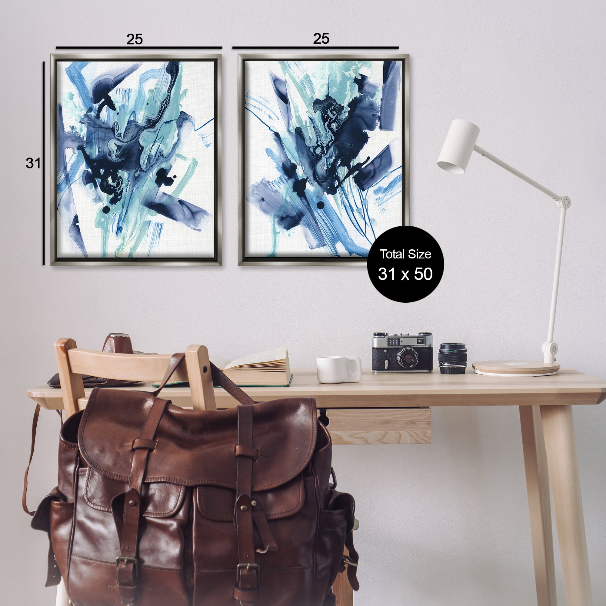 Stupell Industries Abstract Blue Splash Abstract Painting Gray Floater Framed Canvas Art Print Wall Art, 31 x 25, Set of 2