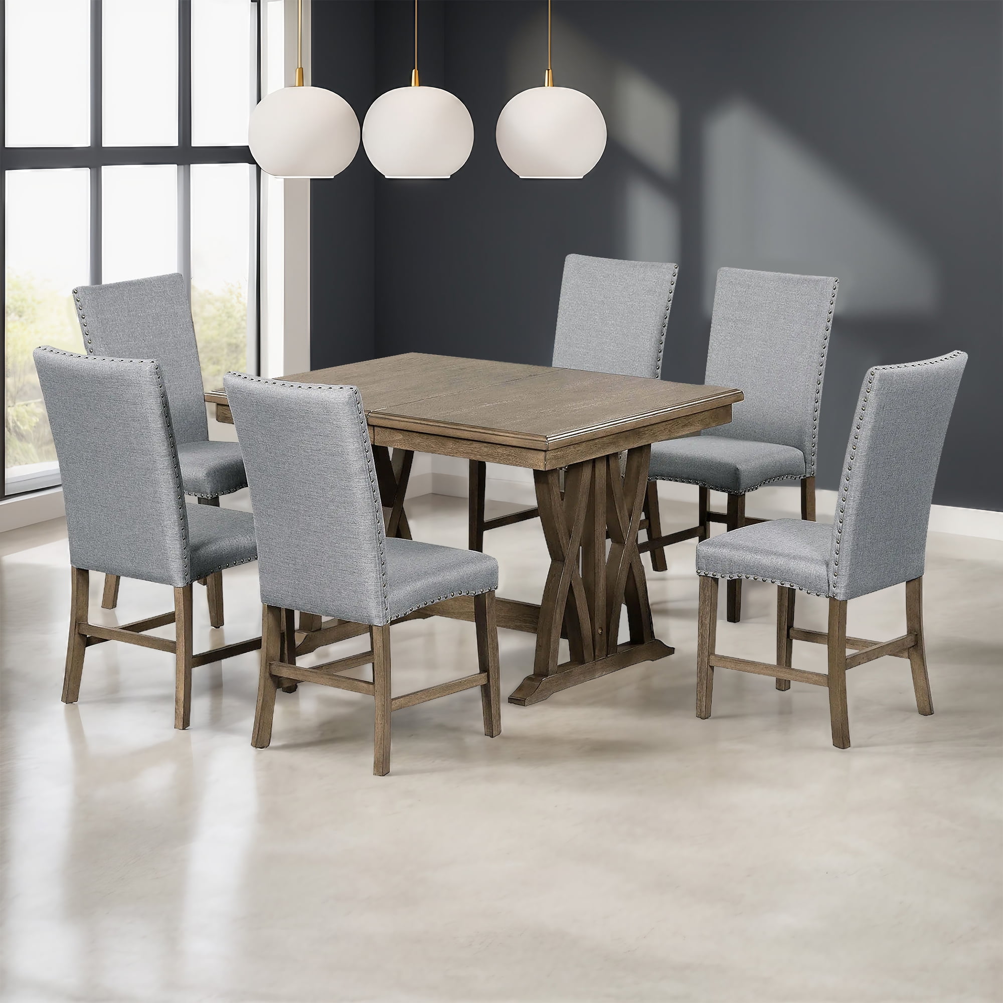 Harper & Bright Designs 7 Pieces Extendable Dining Table Set for 6, Farmhouse Kitchen Table Set with 6 Upholstered Chairs for Dining Room, Gray