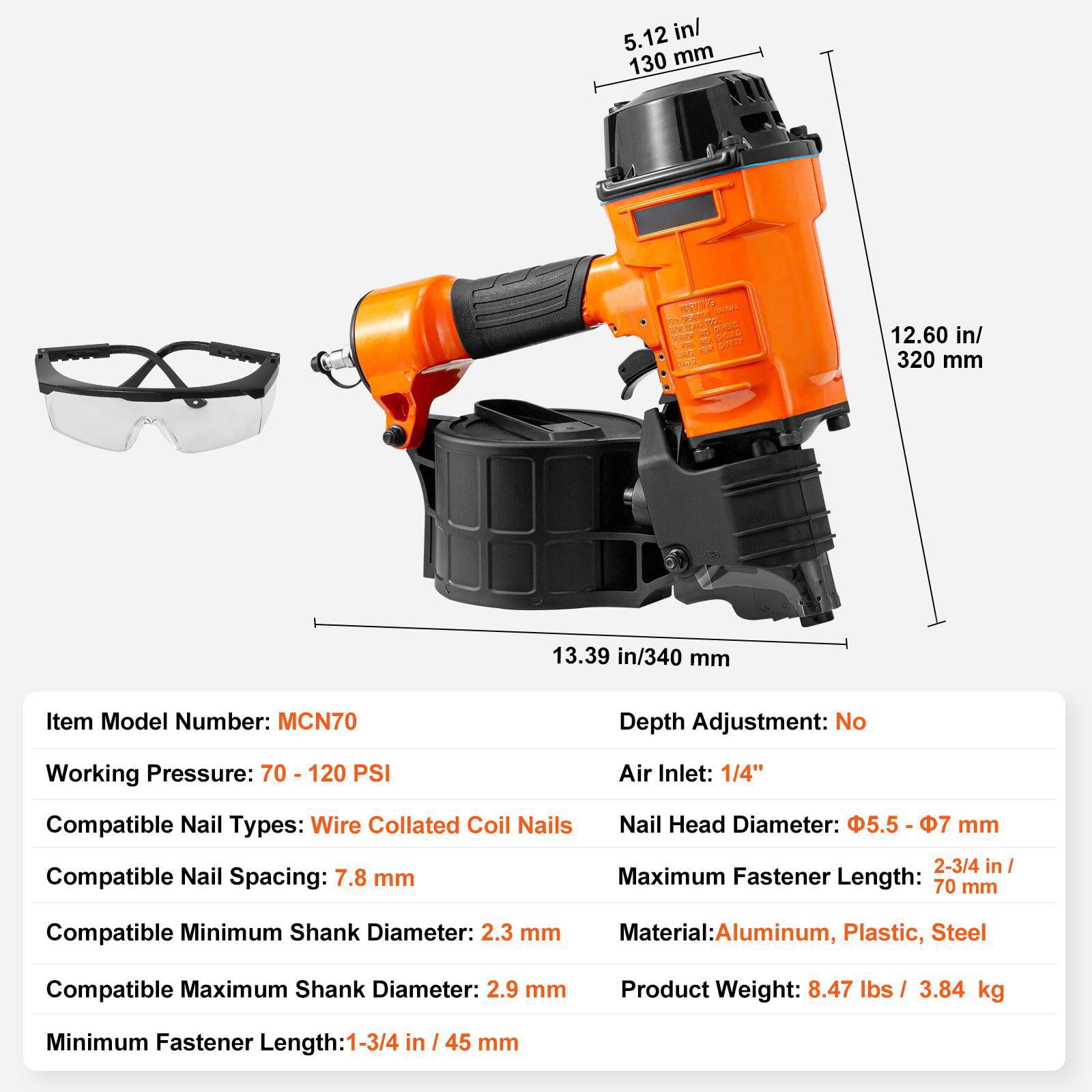 MCN70 Adjustable Pneumatic Coil Nail Gun 1.75 to 2.75 Inch 70-120 PSI for Pallets Boxes Frames Exterior Walls Fences