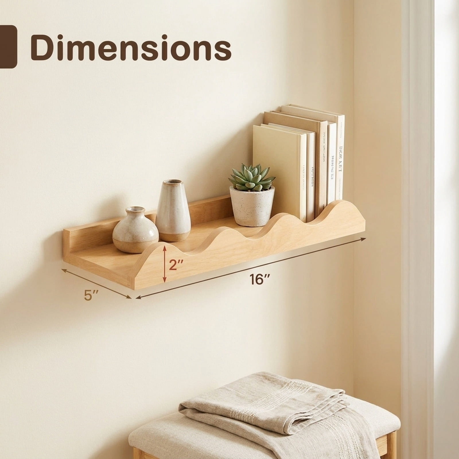 Furnibear 16 Inch Bookshelf Set of 4 Floating Book Shelves for Decoration Book Toy Storage for Living Room Home Office Bedroom Display, Natural