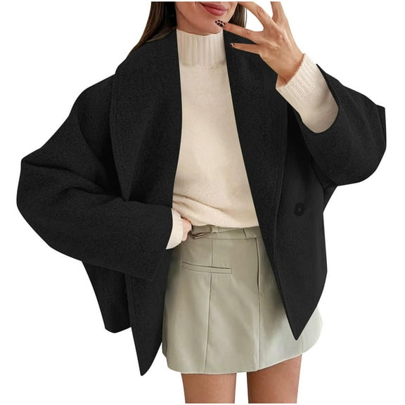 Women Wool Cropped Jacket Oversized Wool Blend Short Jackets Button Coats Long Sleeve Coats Lapel Double Breasted Fall Winter Outerwear Outfit