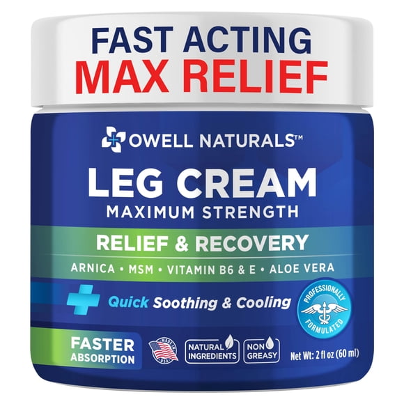 OWELL NATURALS Crema de alivio para piernas - Acción rápida Máxima fuerza natural con aloe vera vitamina E fórmula calmante