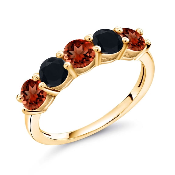 Gem Stone King 18K Yellow Gold Plated Silver Red Garnet and Black Onyx Wedding Band Ring for Women (0.86 Cttw, Round 3.5MM, Gemstone January Birthstone, Size 5)