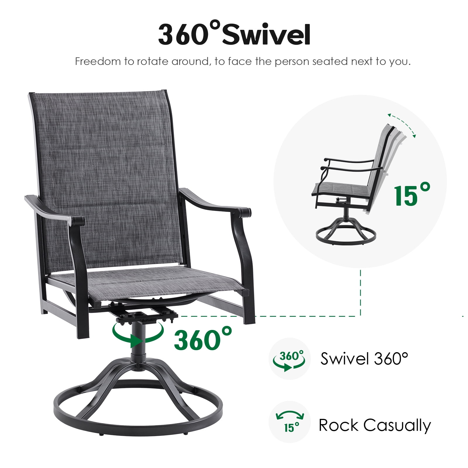 STARY 5 Pieces Outdoor Dining Set with 1.57" Umbrella Hole, Patio Swivel Dining Textilene Chairs and 35"x35" Iron Square Table for 4 People, Balcony