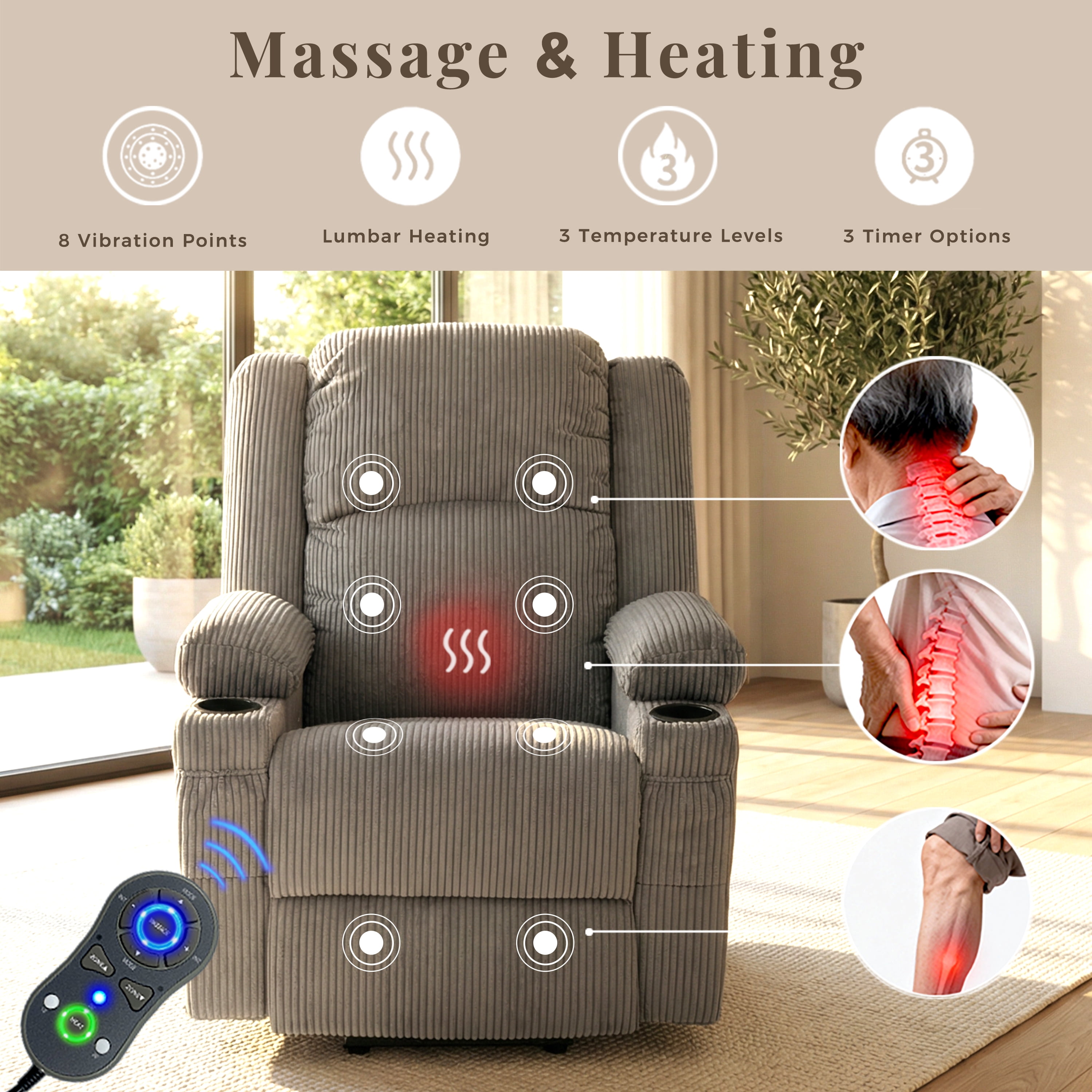 IKAKOS Power Lift Recliner Chair with Massage and Heat, 400 lbs Heavy Duty, Grey