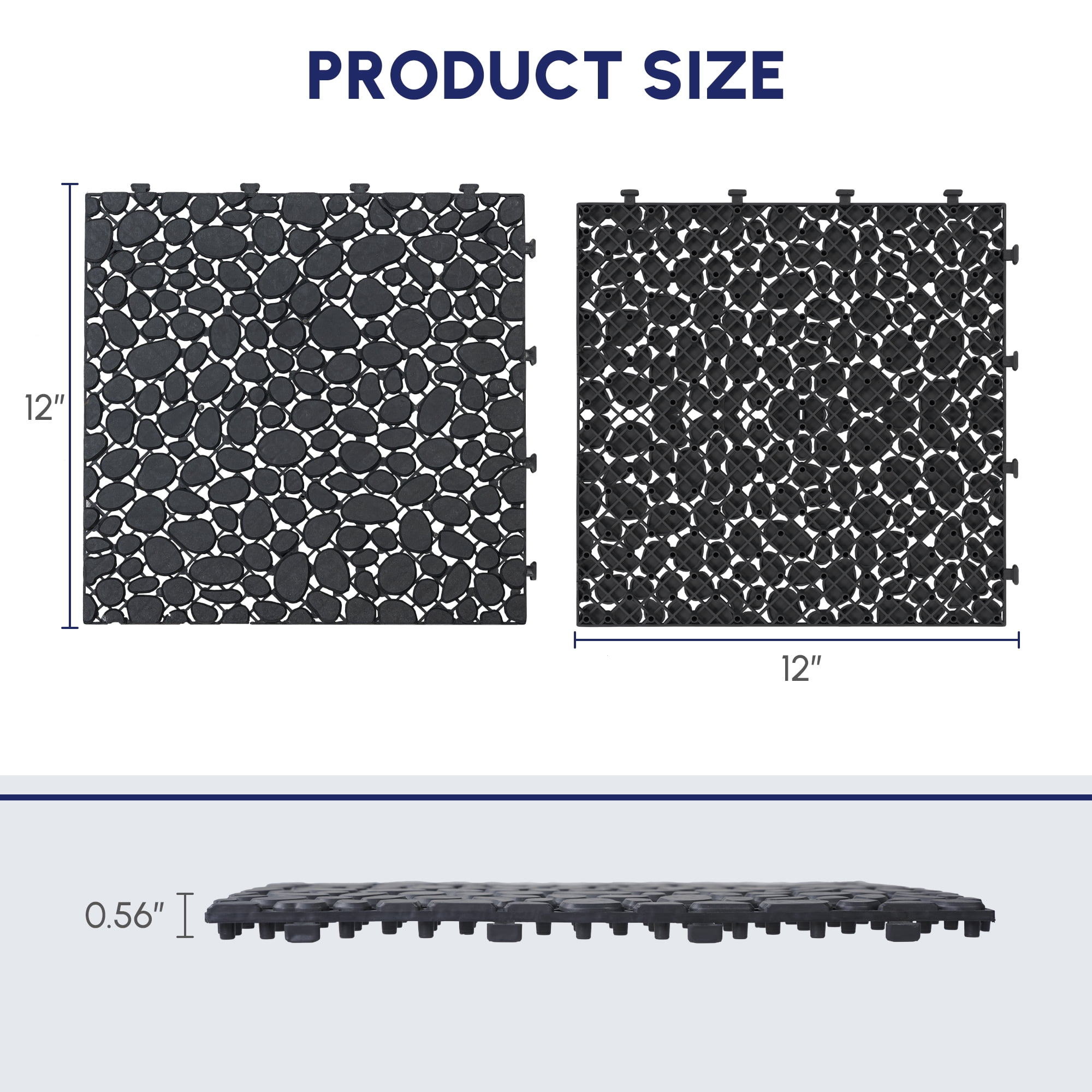 12 x 12 Inch Black Pebble Stone Pattern Interlocking Deck Tiles, Anti-slip Outdoor Floor Tiles with 440 LBS Weight Capacity for Bathroom Shower Balcony Porch Backyard Patio, Pack of 12