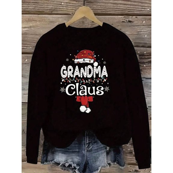 1pc Women'S Plus Size Christmas Crew Neck Sweatshirt, Grandma Claus Print, Casual Polyester Pullover With Slight Stretch, Festive Holiday Top For FallWinter