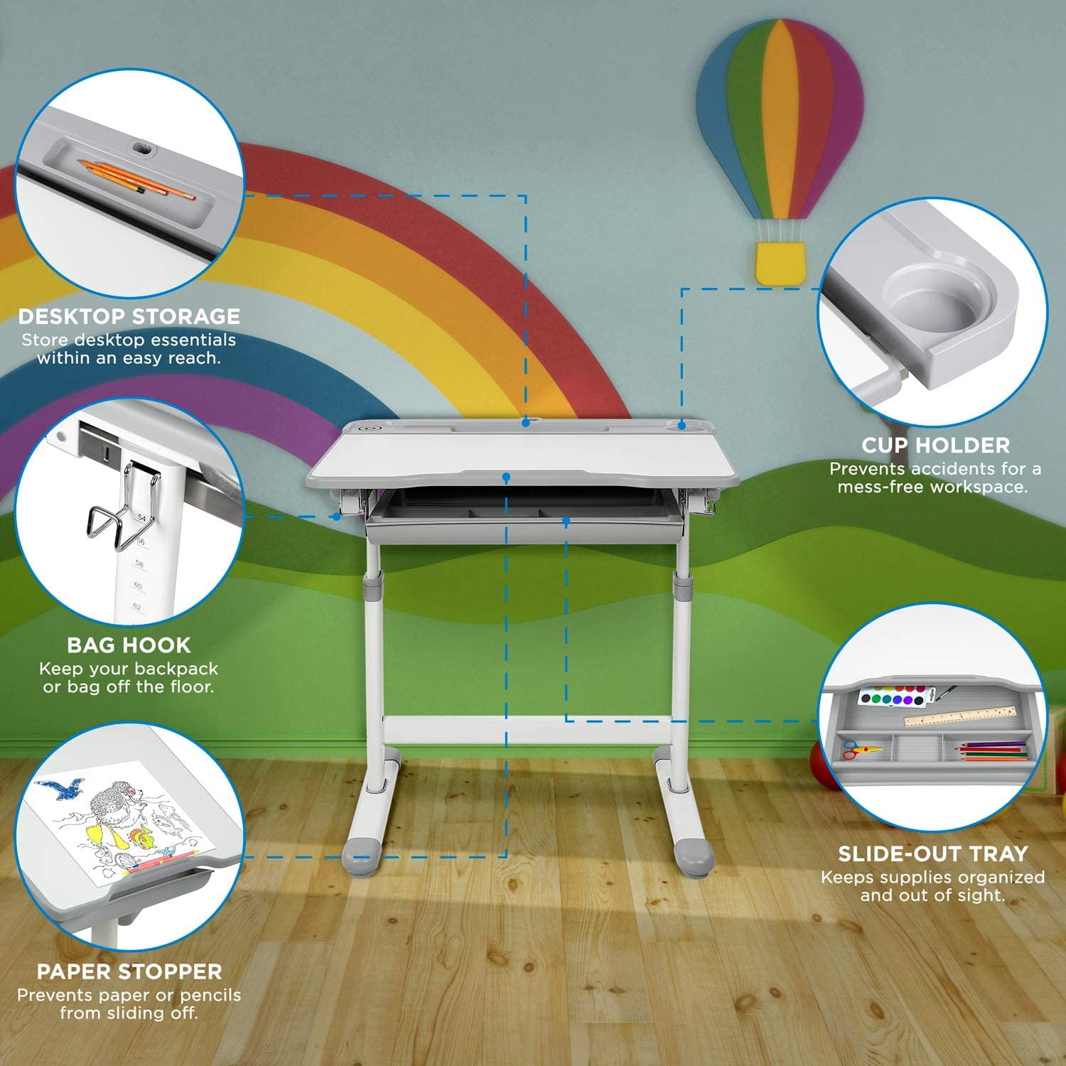 DYPDM Desk and Chair Set Height Adjustable Ergonomic Children's School Workstation with STORAGE Drawer Grey (Grey)