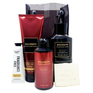Bath & Body Works Men's Collection Bourbon - Gift Bag Set - Body Cream, 3 in 1 Hair, Face & Body Wash, Body Spray and Hand Cream With a Natural Oats Sample Soap