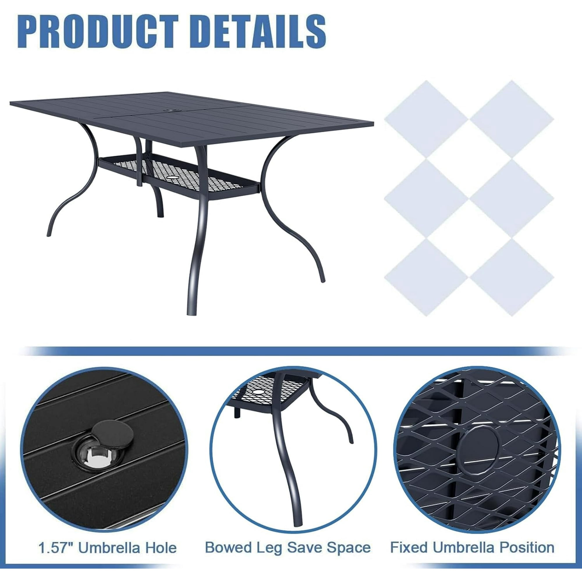 SOLAURA 7 Piece Outdoor Patio Dining Set, Metal Furniture Set: Rectangular Dining Table with Umbrella Holes & 6 Swivel Chairs for Backyard, Garden, Balcony