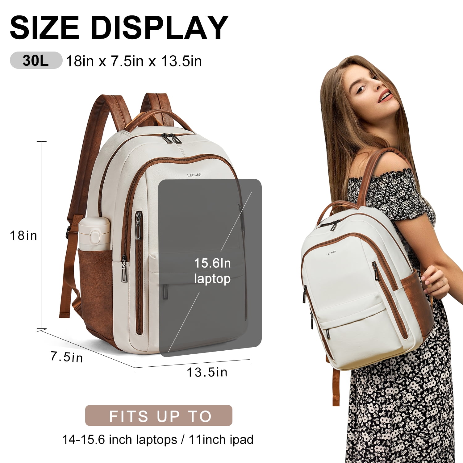 Versatile 30L Faux Leather Backpack Purse for Women & Men, Multi-Use Travel Work Laptop Backpack Bookbag, Fits 15.6" Laptop - Beige