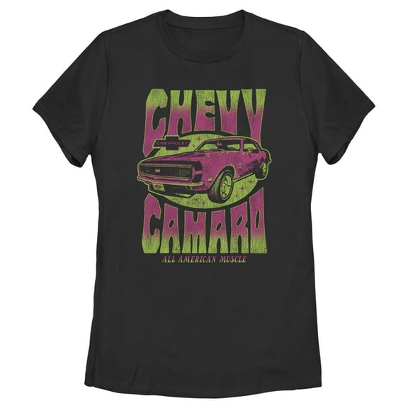Women's General Motors Retro Pink and Green Chevy Camaro  Graphic Tee Black Medium