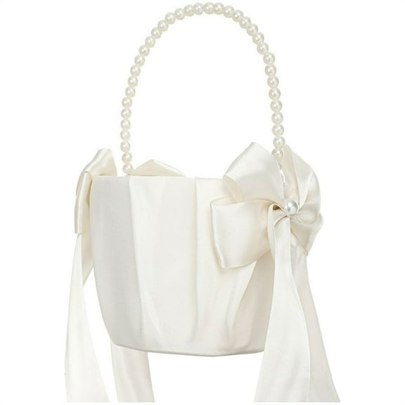 1Pack Wedding Basket with Handle,Flower Girl Basket,Pearl Handle Bowknot Satin Flower Baskets,Hand-held Gift Basket,for Wedding Ceremony Birthday Party Decoration - Ivory