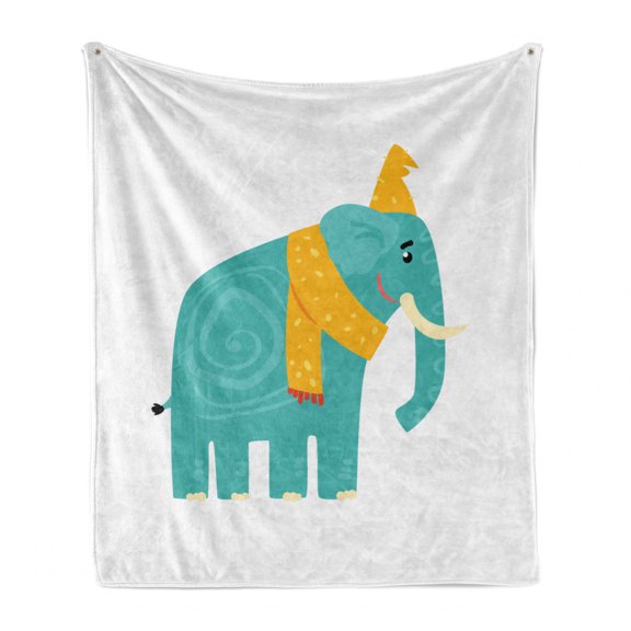 Animal Soft Flannel Fleece Throw Blanket, Cartoon Big Animal with Hat and Scarf Print, Cozy Plush for Indoor and Outdoor Use, 60" x 80", Seafoam Orange, by Ambesonne