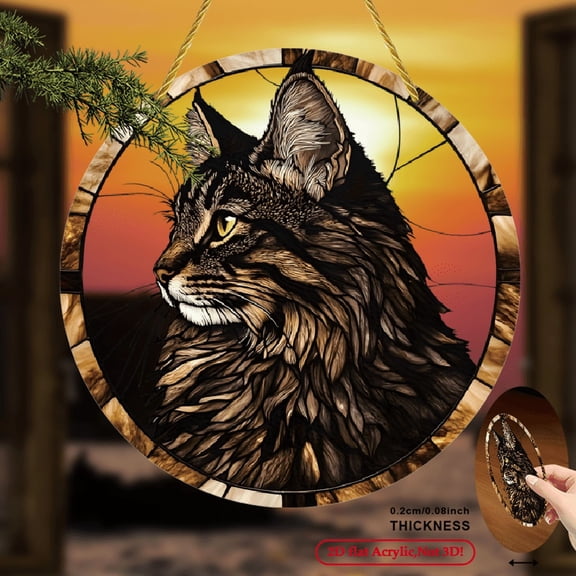 [2D Flat] Maine Coon Cat Sun Catcher - 8inch Round Acrylic Wall Hanging Decor, Bohemian Style, Vibrant Stained Glass Look, Perfect for Home & Cat Lover Gifts, Cat Lover Gift