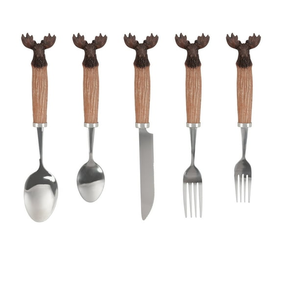 Servette Home Moose Flatware Set, 5 Piece, Stainless Steel Utensils with Wood-like Handles