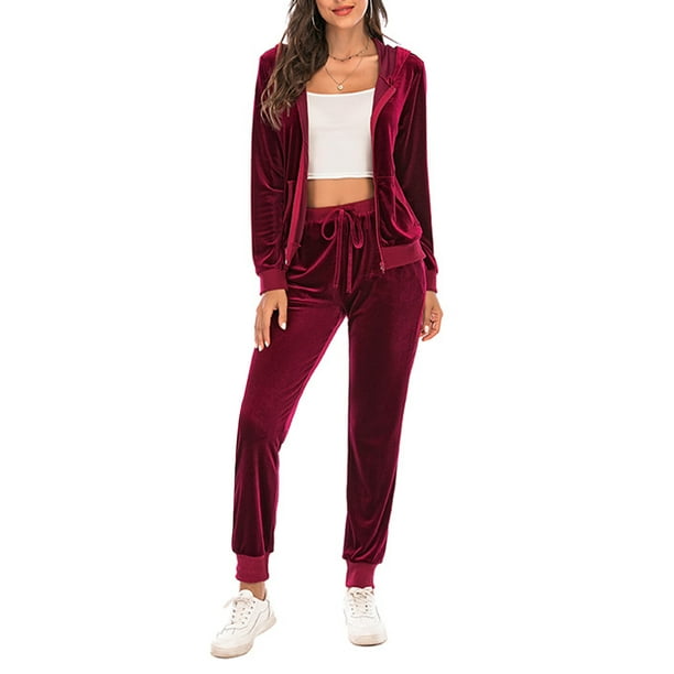  Women Casual Tracksuit 2 Piece Zip Top And Elastic Waistband  Pant Women Windbreaker Tracksuit Sets Red Small Size 0-2