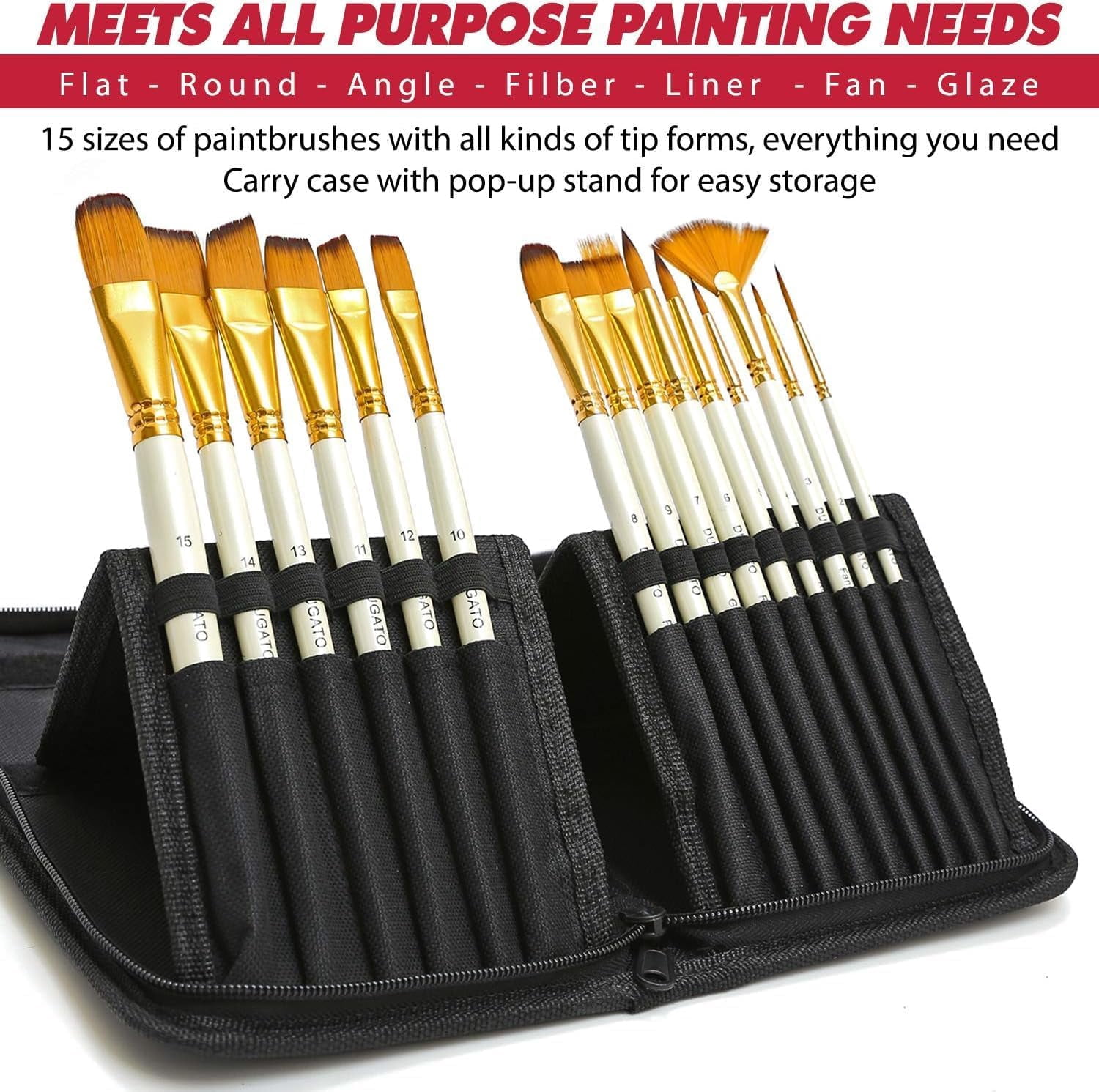 JJEAN-15pc Artist Paint Brush Set with Pop-Up Case, Palette Knife & Sponges - Nylon Hair for Acrylic, Oil, Watercolor, Gouache, Model & Craft Painting