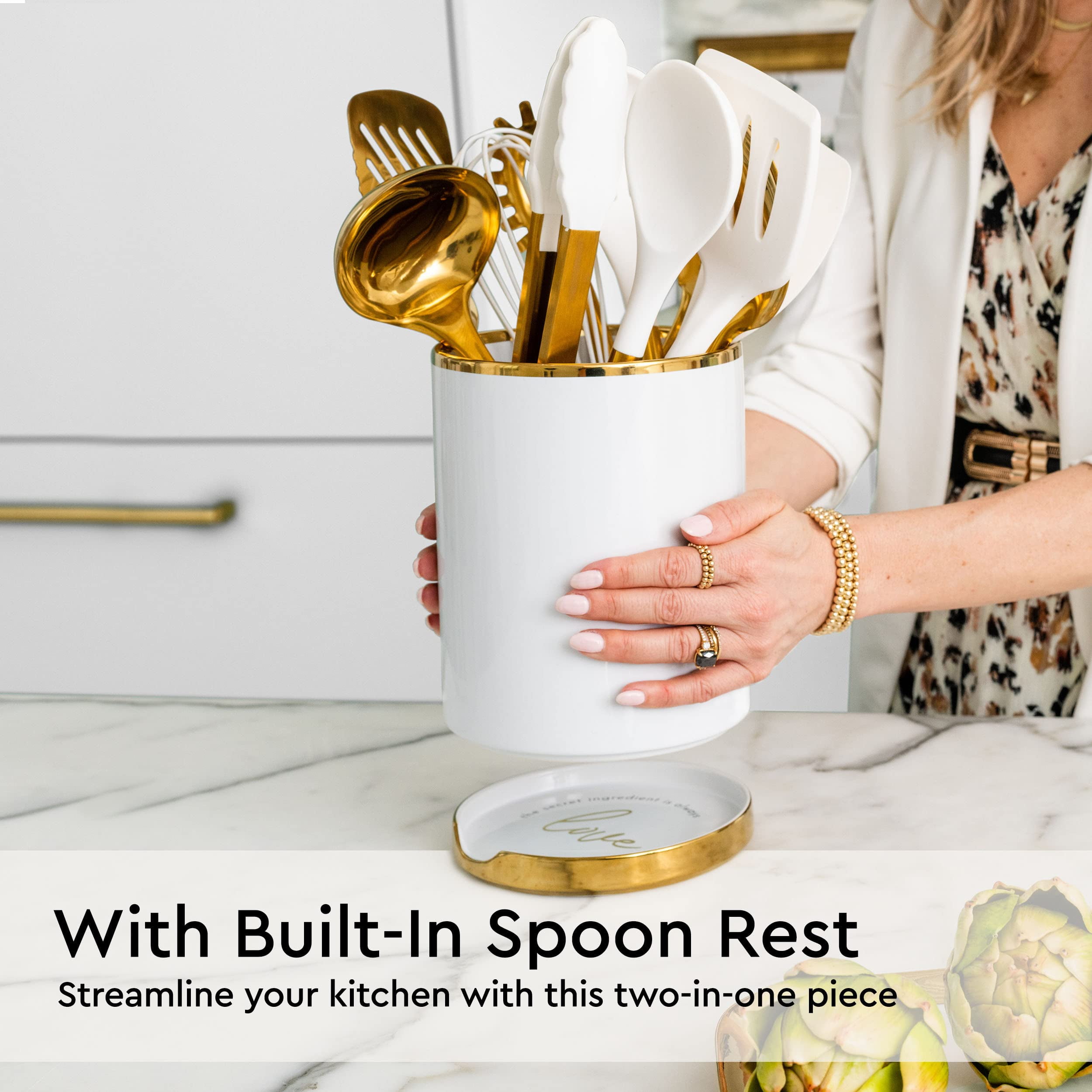 White Utensil Holder with Built-In Ceramic Spoon Rest - 2 PC Luxe White & Gold Utensil Holder for Countertop Includes Large Utensil Holder & White and Gold Spoon Rest - Utensils Not Included