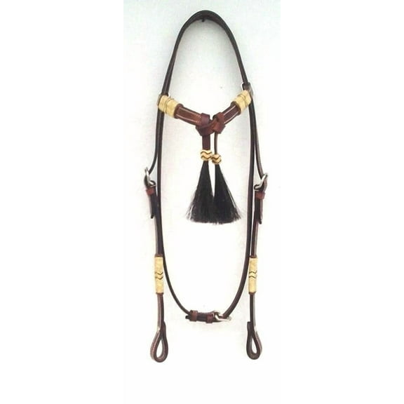 Brown Leather Western Headstall Bridle Hand Braided Natural and Brown Rawhide Knotting Futurity Knot Black Color Hair Tassels- (Full)