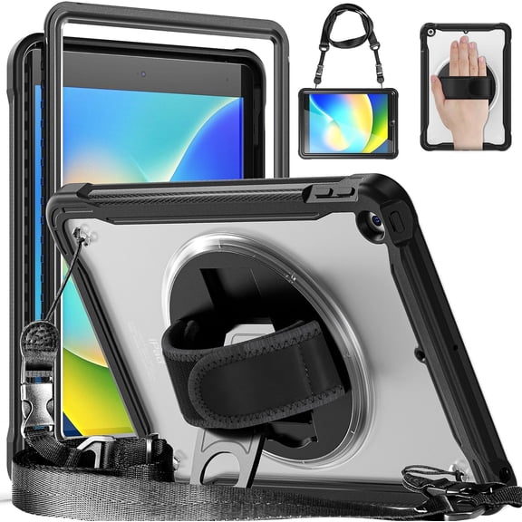 KOMI for iPad 9th/ 8th/ 7th Generation Case (iPad 10.2 inch Rugged Case 2021/2020/2019) with Screen Protector, Rotating Stand/Pencil Holder/Carrying Shoulder Strap Stick Kickstand & Translucent Black