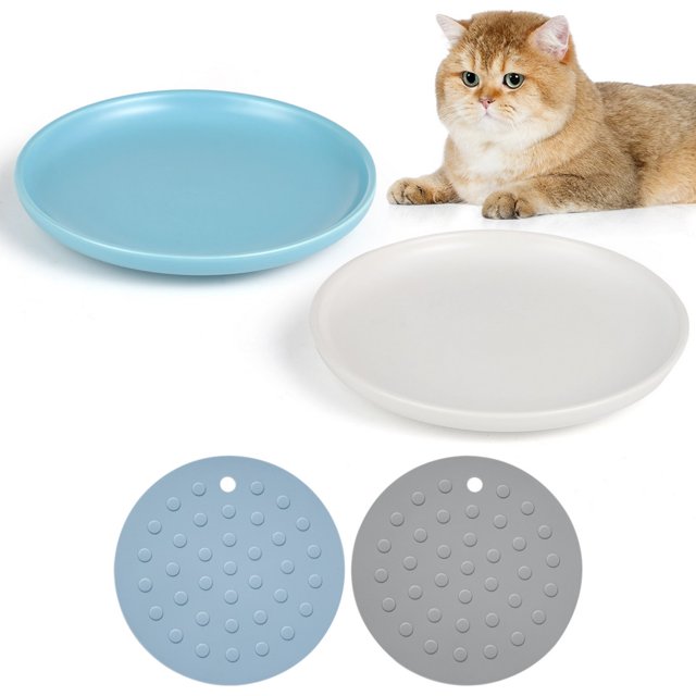 Cuencos de cerámica para gatos, 2 paquetes, platos de alimentación para gatos sin estrés con 2 alfombrillas antideslizantes, plato de comida para gatos ancho y poco profundo para aliviar la fatiga de