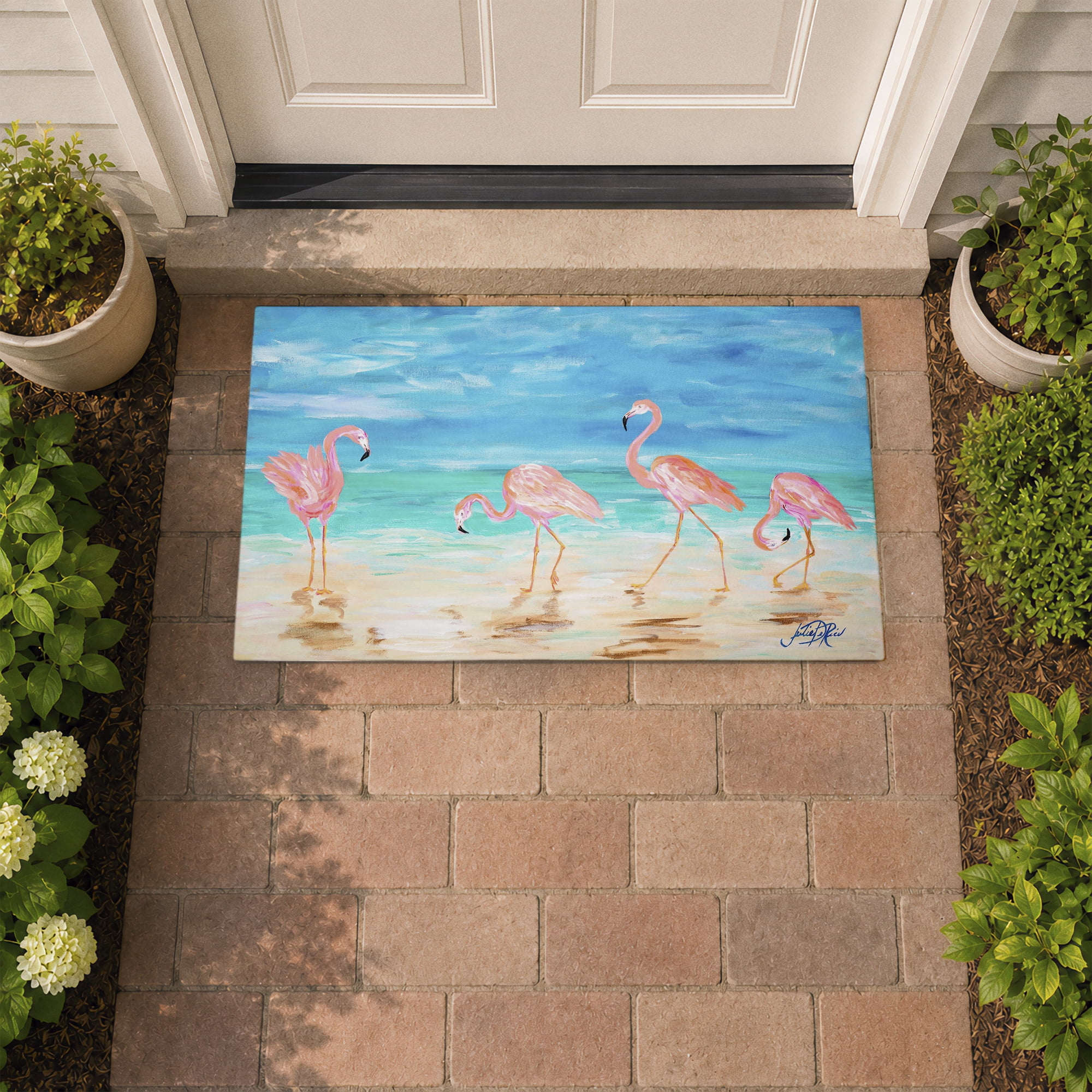 Stupell Industries Four Flamingos Beach Printed Outdoor Door Floor Mat, design by Julie DeRice