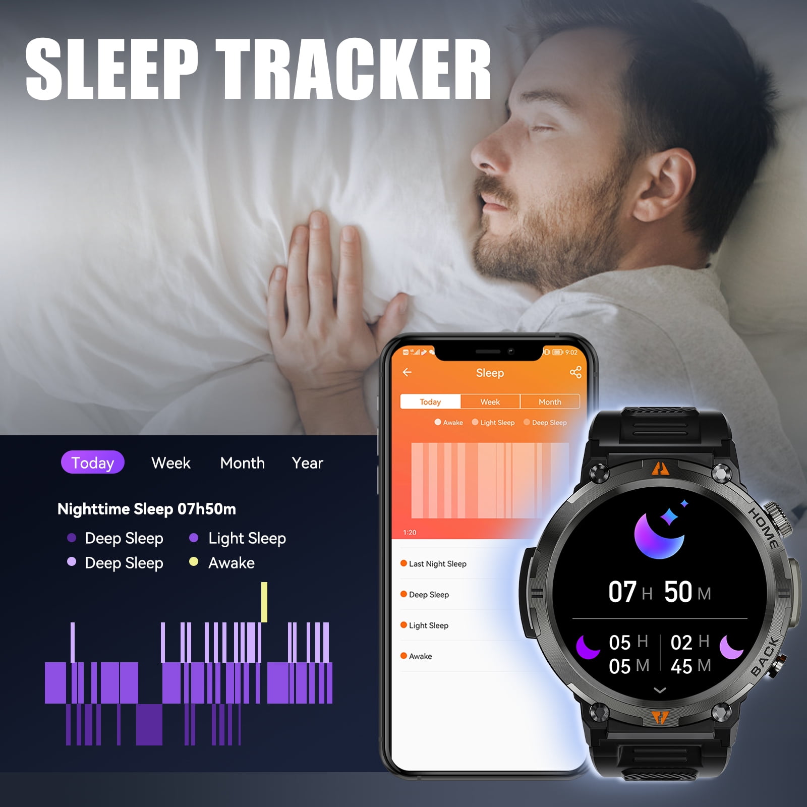 XAXRE Smart Watch with Flashlight for Men, 1.45 inches Screen Bluetooth Watch, Outdoor Men’s Watch for Android and iPhone