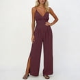 thumbnail image 2 of Women's Cami V Neck Jumpsuits Split Wide Leg Jumpsuit Waist Ruched Full Length Overalls Summer Beachwear Loungewear with Pockets Red L, 2 of 6