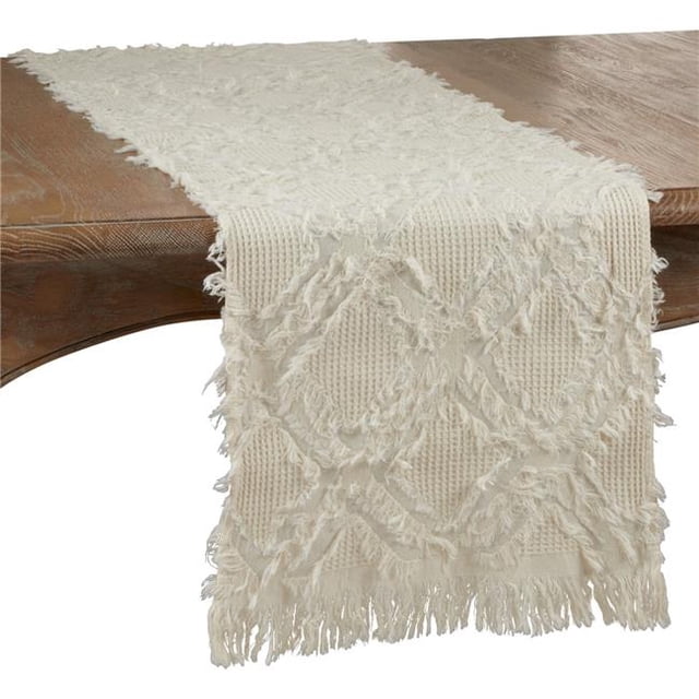 Saro Lifestyle 1877.I1690B 90 in. Fringe Waffle Weave Table Runner, Ivory