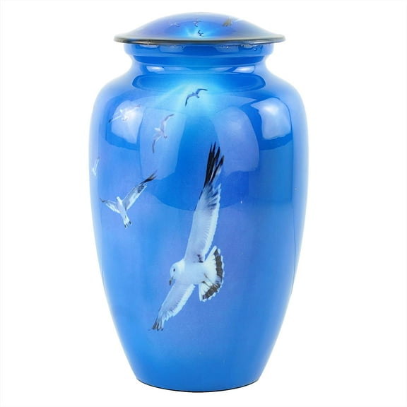 10" Aluminum Metal Cremation Urn for Cremated Human Ash Remains Storage | Beautiful Artwork Printed Funeral Pot & Cremation Jar (Feathered Blue)