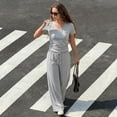 thumbnail image 5 of WQD Womens 2 Piece Set Outfits Lounge Sets Ruched Short Sleeve Tops High Waisted Wide Leg Pants Tracksuit Sets, 5 of 11