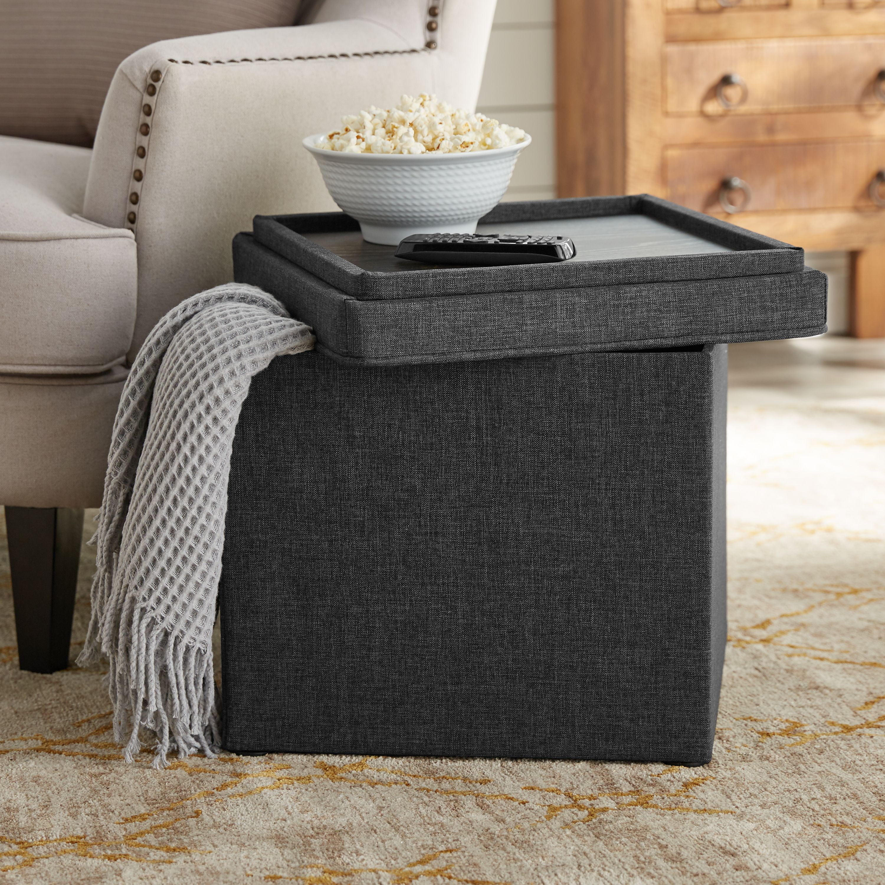 Better Homes & Gardens Storage Ottoman with Tray, 16", Grey