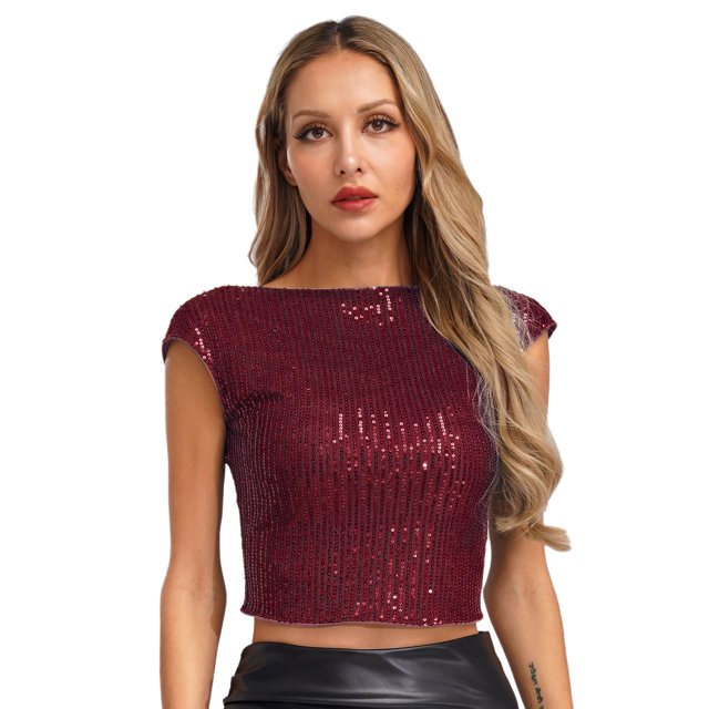 LiiYii Hauts à Sequins pour Femmes Col Rond Court Dos Nu Paillettes Club Fête Débardeur Sans Manches Blouses Rouge S