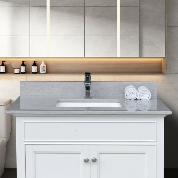 31 Inches Bathroom Stone Vanity Top Calacatta Gray Engineered Marble Color With Undermount Ceramic Sink And Single Faucet Hole Backsplash Com 31 Inches Bathroom Stone Vanity Top, 31 Inch White Bathroom Vanity With Marble Top
