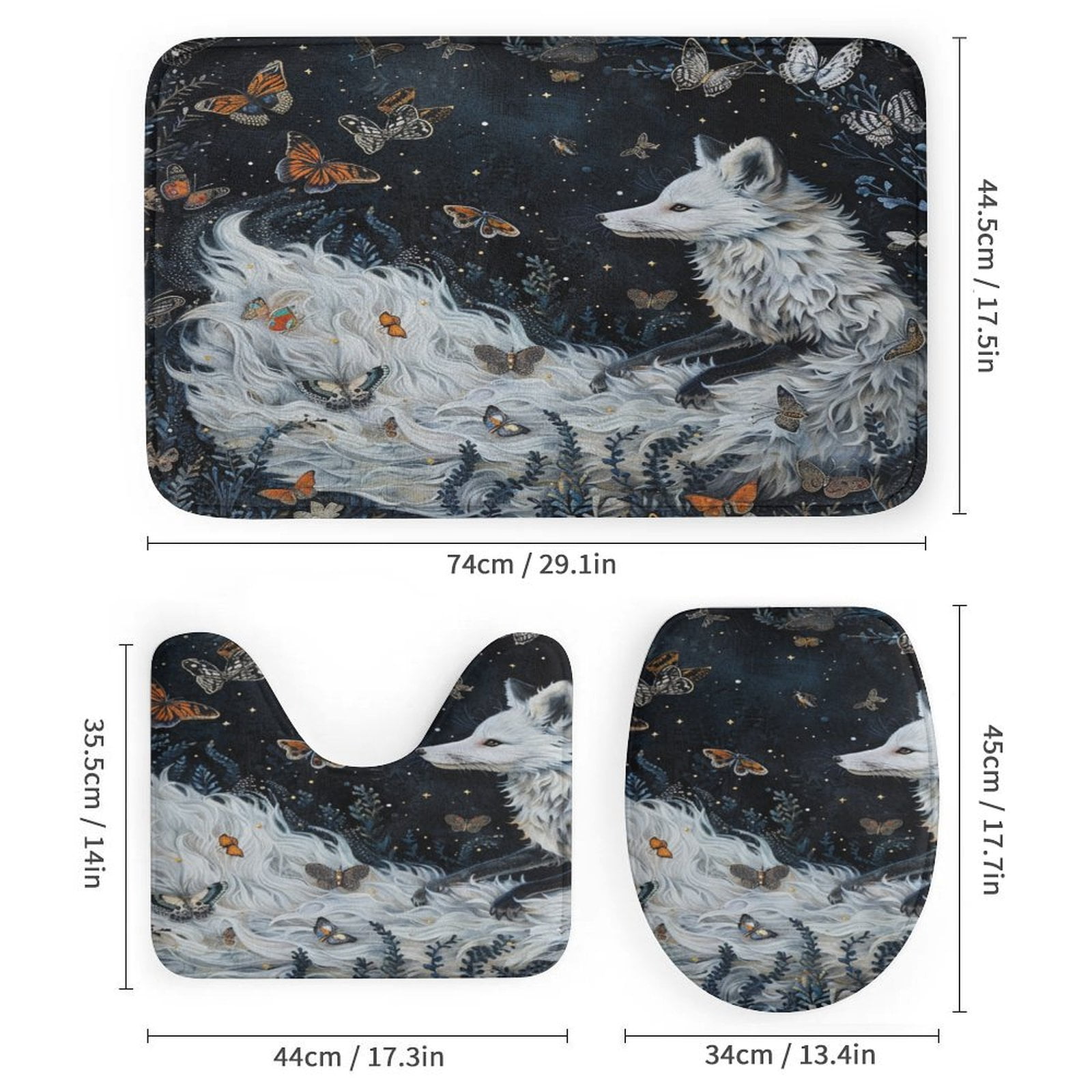 Nine Tailed Fox Chasing Butterfly 4 Pcs Shower Curtain Set with Rug Bathroom Sets with Waterproof Fabric And Non-Slip Rugs Toilet Lid Cover Bath Mat Decor with Hooks