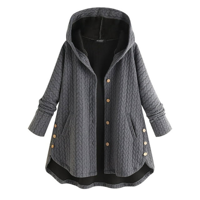 Veste d'Hiver pour Femmes, Grande Taille, Décontractée, avec Poches, à Boutons, Manches Longues et Capuche