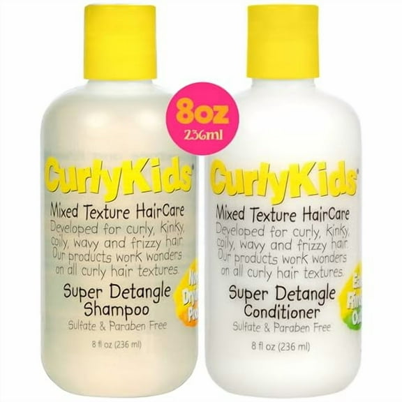 CurlyKids Super Detangle Kids Shampoo & Conditioner Set, Frizz-Free Care for Curly, Kinky, Wavy, and Frizzy Hair - Sulfate & Paraben-Free Hair Care