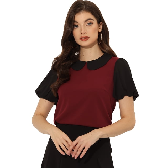 Blusa con cuello Peter Pan para mujer Top de verano de manga corta con volantes en contraste Vino Rojo S