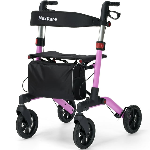 MaxKare Déambulateur à Roulettes avec Roues Tout-Terrain de 8”, Poignée Réglable à 8 Niveaux, Déambulateur Pliable pour Aînés avec Siège et Dossier, jusqu'à 300 Lb, Violet